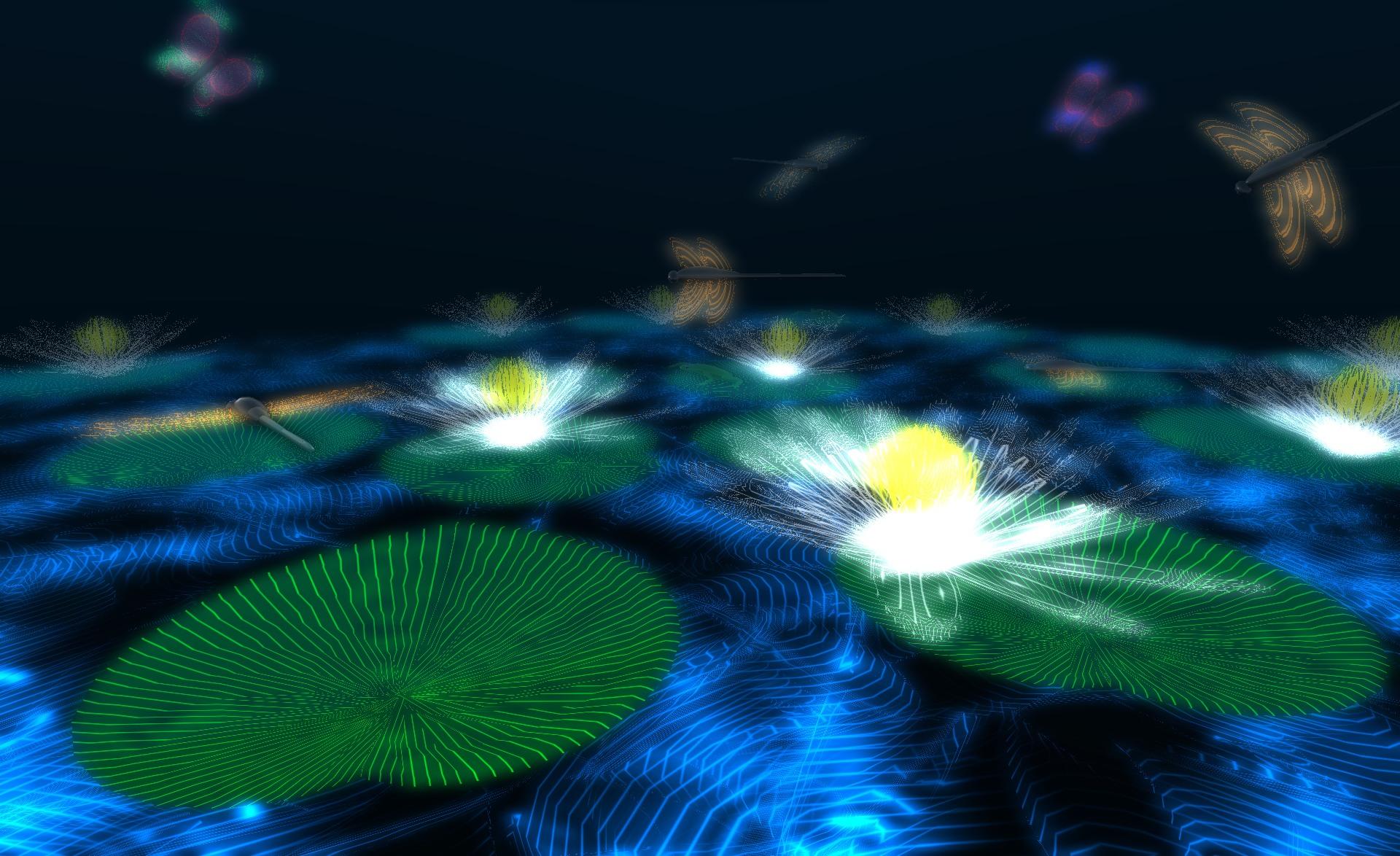A glow illustration of lily pads generated in the video game Second Life.