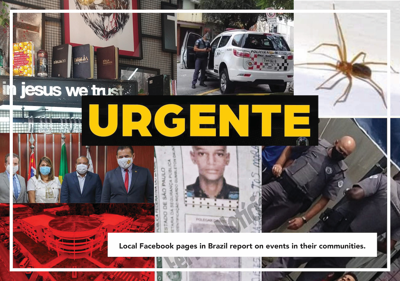 A collage of images from a local news Facebook page of a city in Brazil with the title 'urgente' in gold in yellow in the middle.