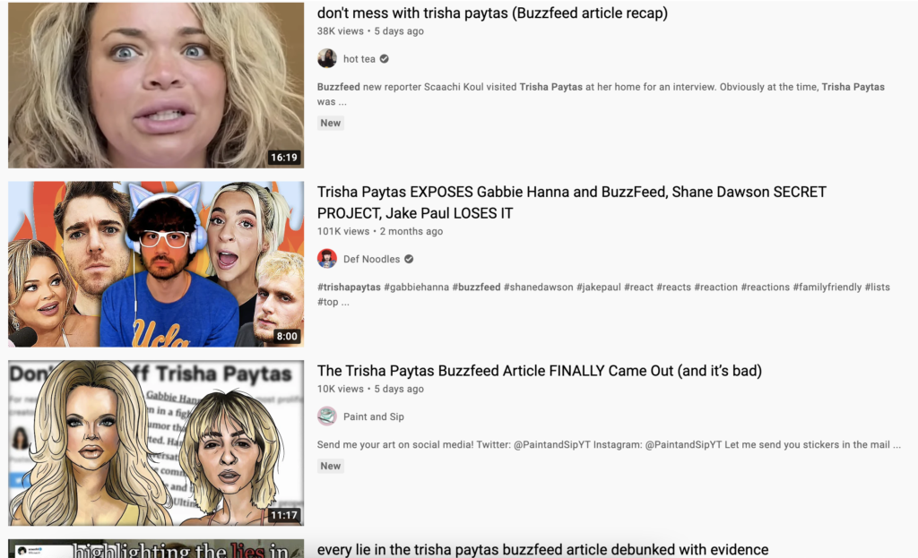 A screenshot of YouTube videos responding to and recapping the BuzzFeed article about Trish Paytas.