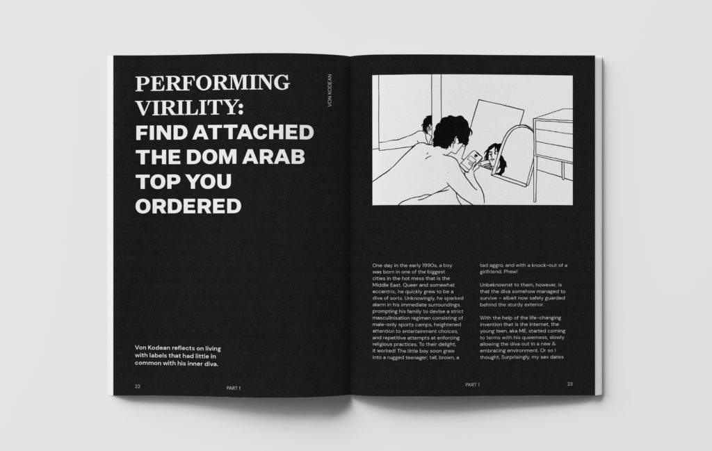 A scan of a spread of DADDY Magazine with a story titled "Performing Virility: Find Attached the Dom Arab Top You Ordered" and a minimalist black and white illustration of a person looking into several mirrors