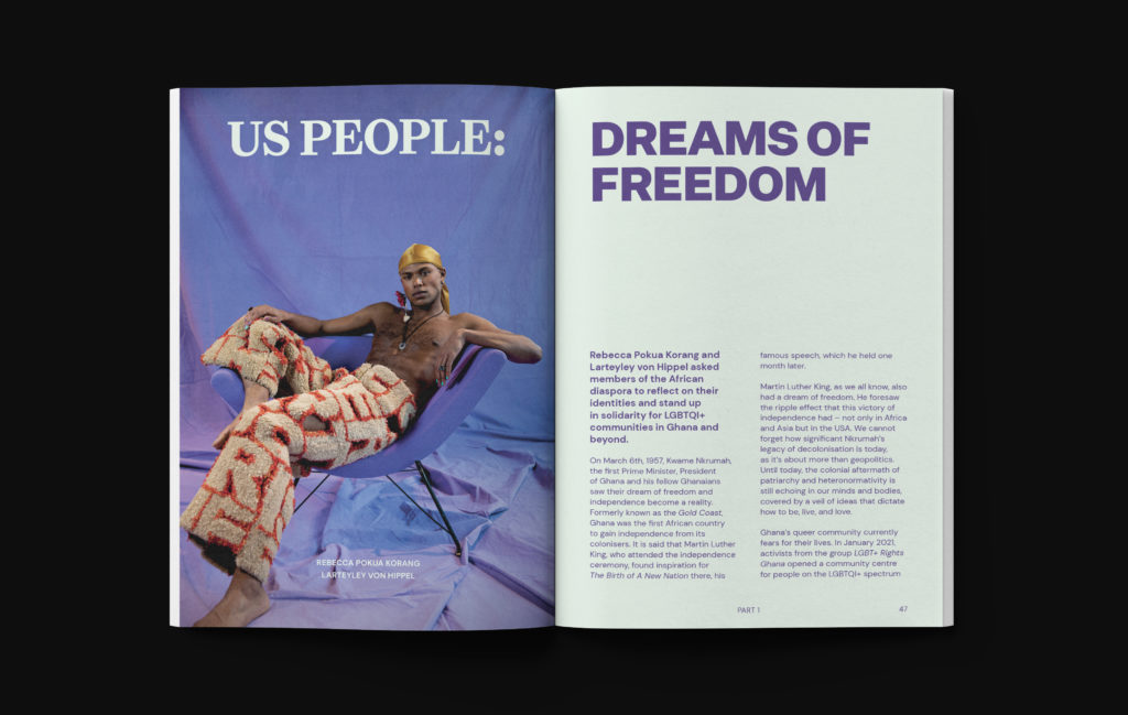 A scan of an inside spread of DADDY Magazine, featuring a portrait of a person in tufted carpet pants against a purple draped background and the story title US PEOPLE: DREAMS OF FREEDOM