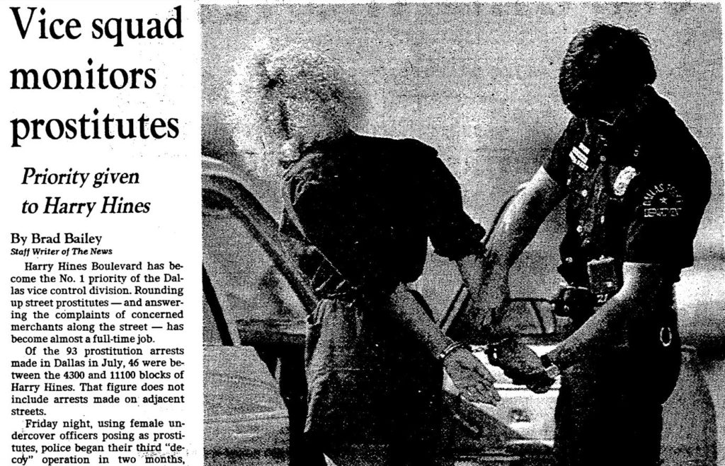 A screenshot of a print newspaper page with the visible headline VICE SQUAD MONITORS PROSTITUTES and a photo of a woman being arrested with her hands cuffed behind her back