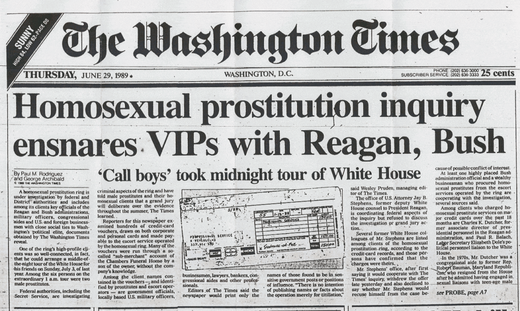 A screenshot of a print newspaper page with the visible headline HOMOSEXUAL PROSTITUTION INQUIRY ENSNARES VIPS WITH REAGAN, BUSH and the smaller dek CALL BOYS TOOK MIDNIGHT TOUR OF WHITE HOUSE